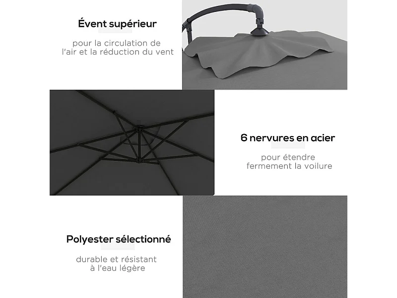 Parasol déporté Oretta rectangulaire gris extérieur design résistant 294x193 cm