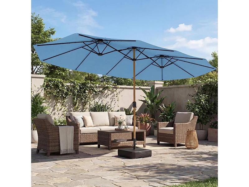 Parasol Altopiano Double Ombrage Extra-Large Résistant UV Bleu Noir Effet Bois 467x281 cm