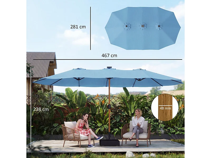 Parasol Altopiano Double Ombrage Extra-Large Résistant UV Bleu Noir Effet Bois 467x281 cm
