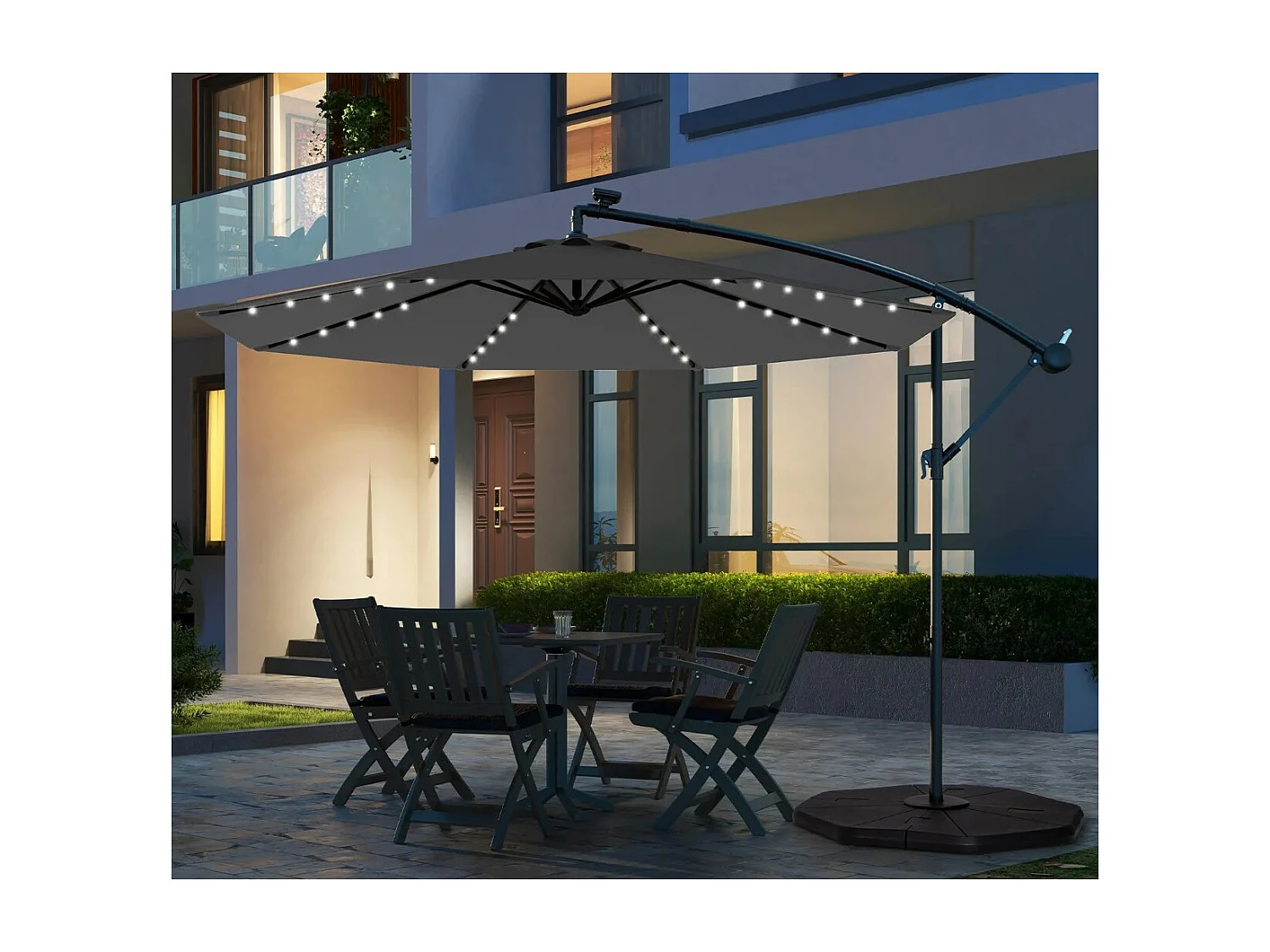 Sonnenschirm 300 cm Ampelschirm mit 40 Solar-LED-Leuchten und Kurbel Grau