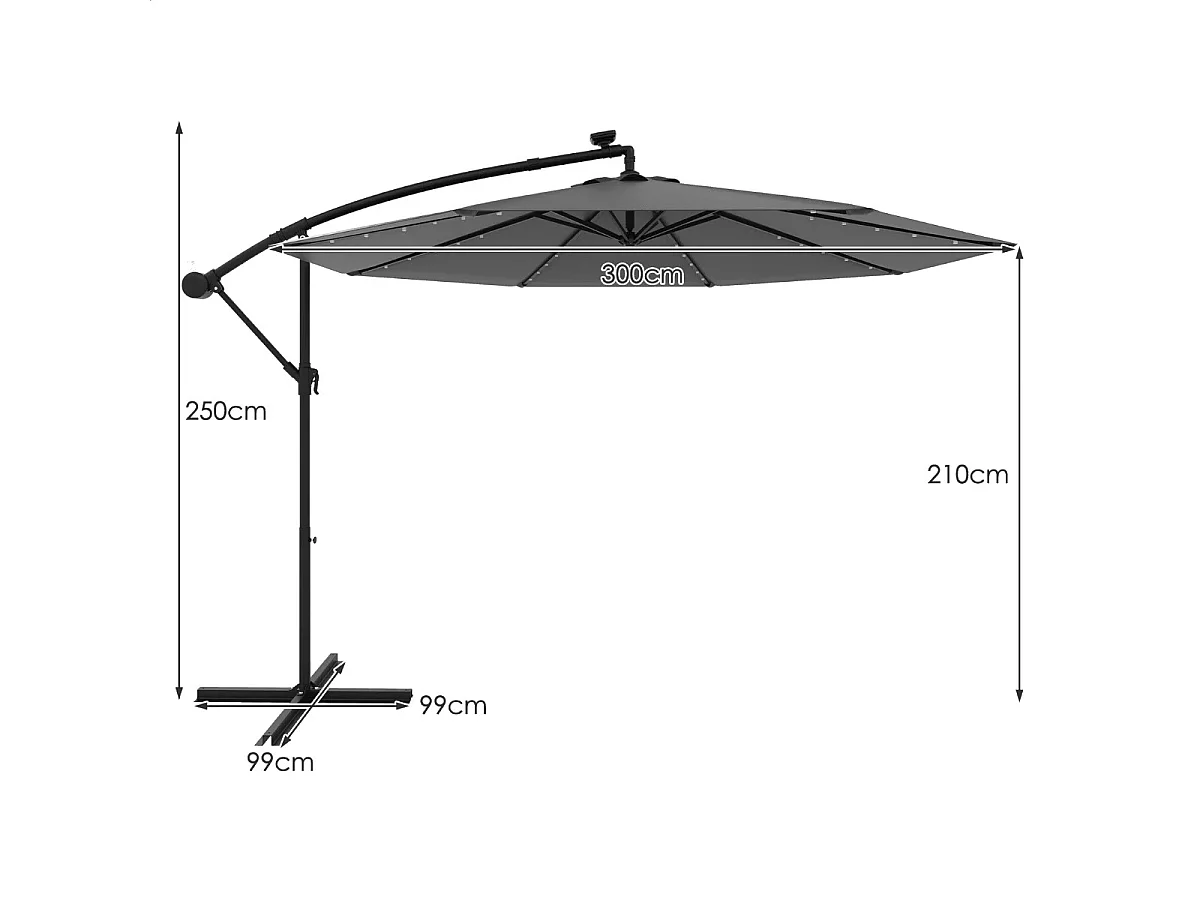 Sonnenschirm 300 cm Ampelschirm mit 40 Solar-LED-Leuchten und Kurbel Grau