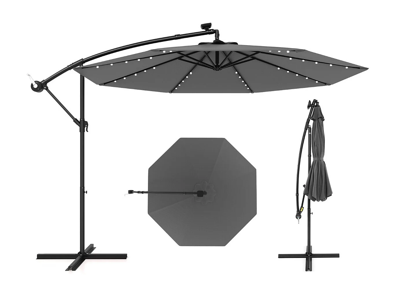Sonnenschirm 300 cm Ampelschirm mit 40 Solar-LED-Leuchten und Kurbel Grau