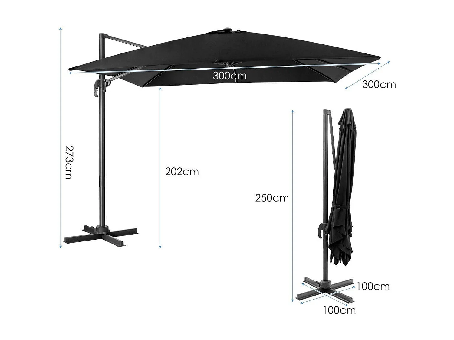 Sonnenschirm 300 x 300 cm quadratisch Ampelschirm mit Kurbel Schwarz