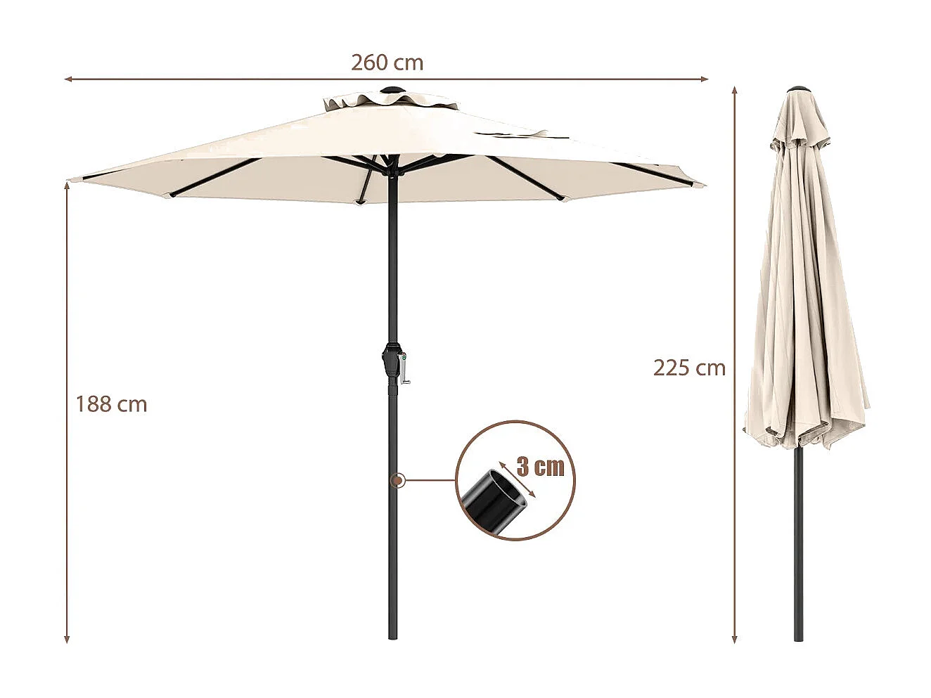 Sonnenschirm 250 cm Gartenschirm mit Kurbel Terrassenschirm mit 8 Rippen Beige