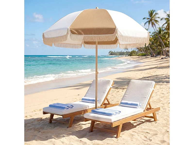 Parasol Berlinde Bohème Inclinable Franges Bicolore Blanc Beige 175 cm