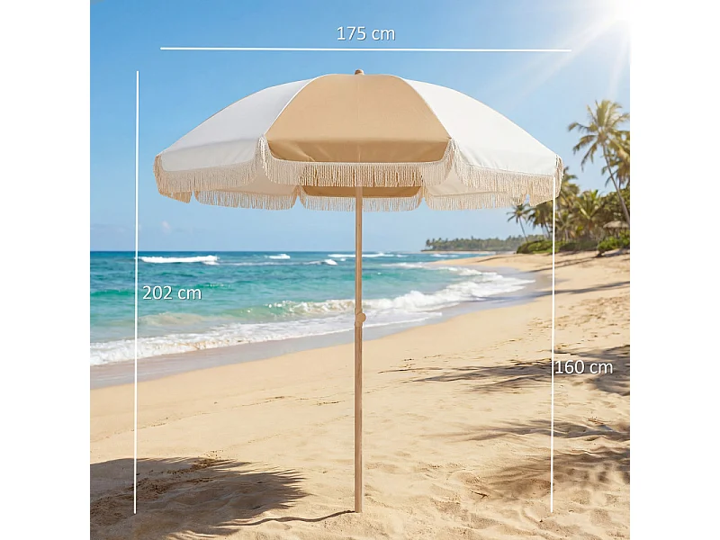 Parasol Berlinde Bohème Inclinable Franges Bicolore Blanc Beige 175 cm