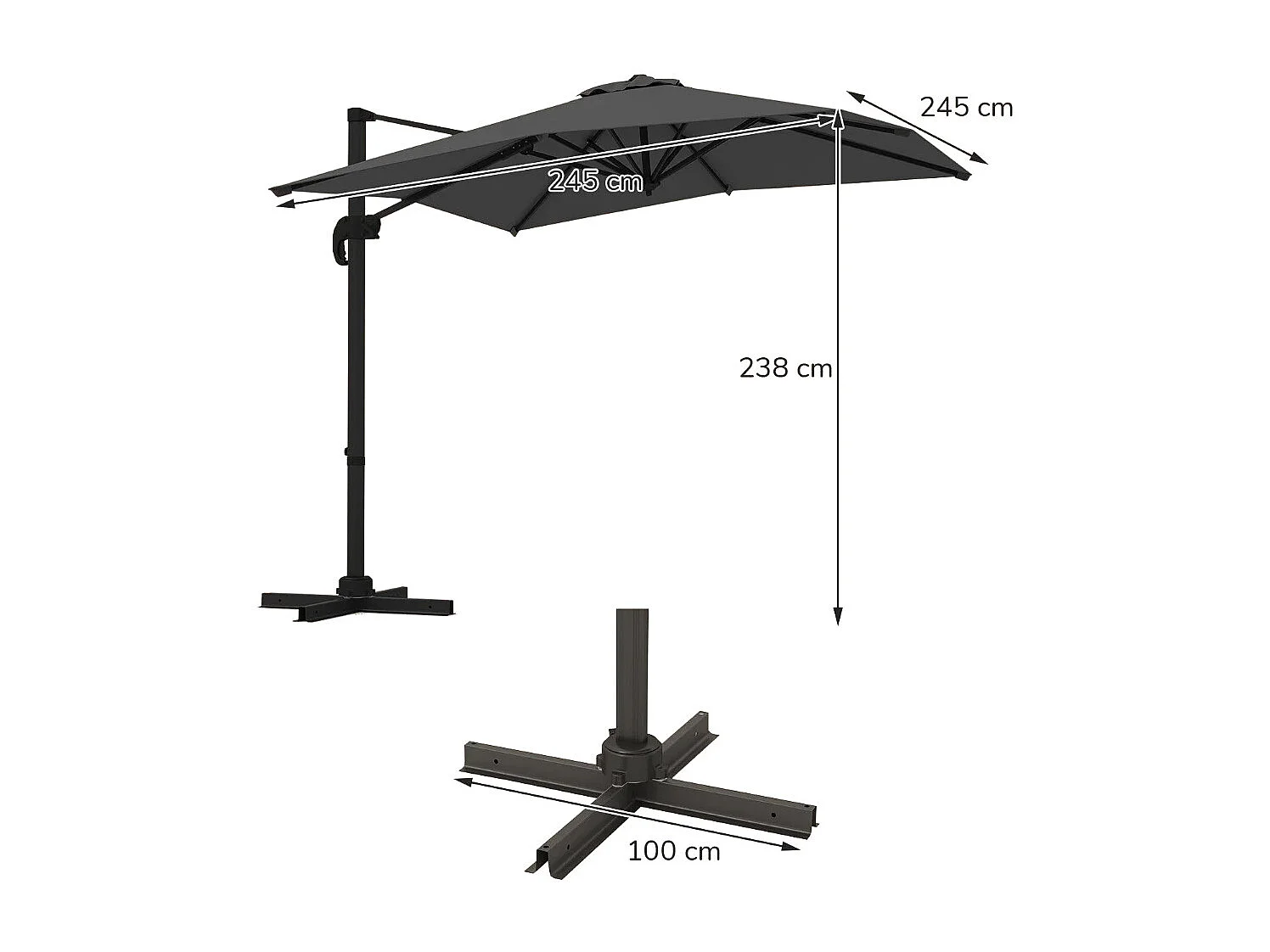 Sonnenschirm rechteckig 250 x 250 cm großer Ampelschirm mit Kurbel Grau