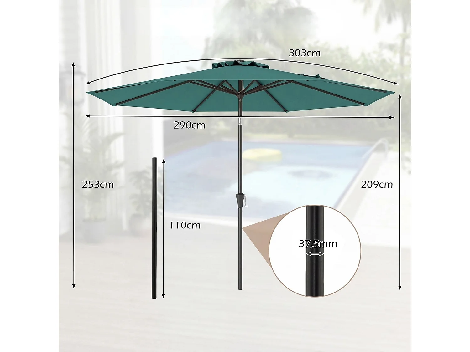 Ø303 cm Terrassenschirm mit Kurbel Beidseitig um 25° Knickbarer Gartenschirm Terrassenschirm Grün
