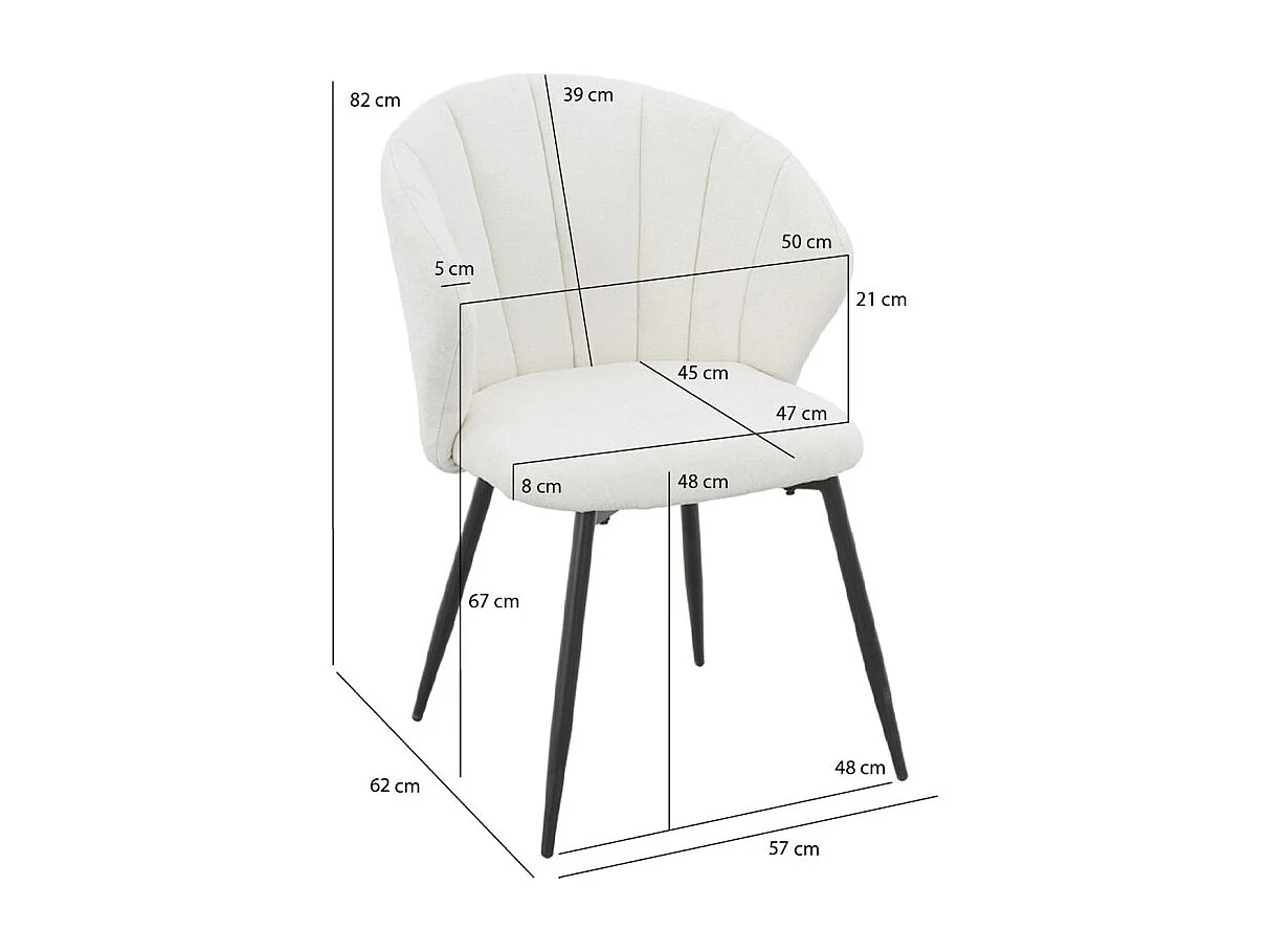 Chaise tissu blanc écru chiné à dossier coquillage pieds métal - SIMON