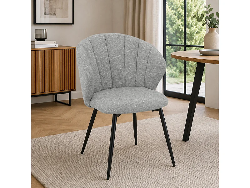 Chaise tissu gris chiné à dossier coquillage pieds métal - SIMON