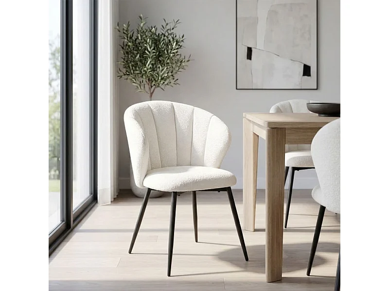 Lot de 2 chaises dossier coquillage en tissu chiné doux blanc - SIMON