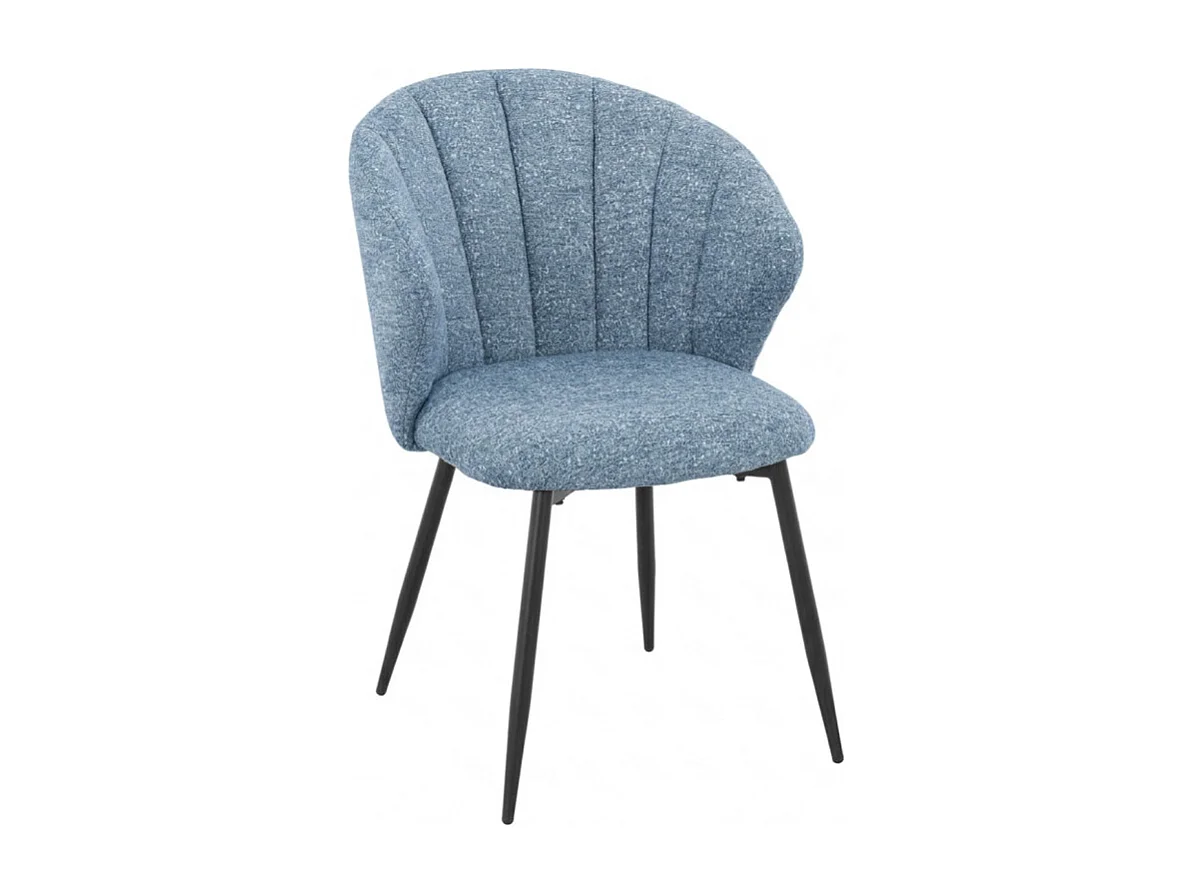 Chaise tissu bleu chiné à dossier coquillage pieds métal - SIMON