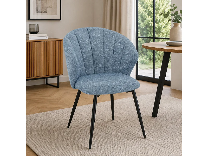 Chaise tissu bleu chiné à dossier coquillage pieds métal - SIMON