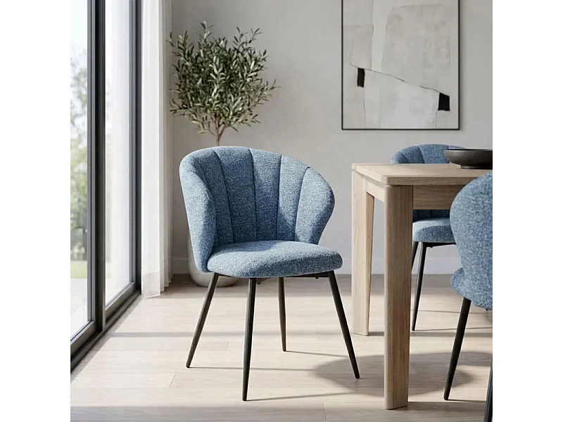 Chaise tissu bleu chiné à dossier coquillage pieds métal - SIMON