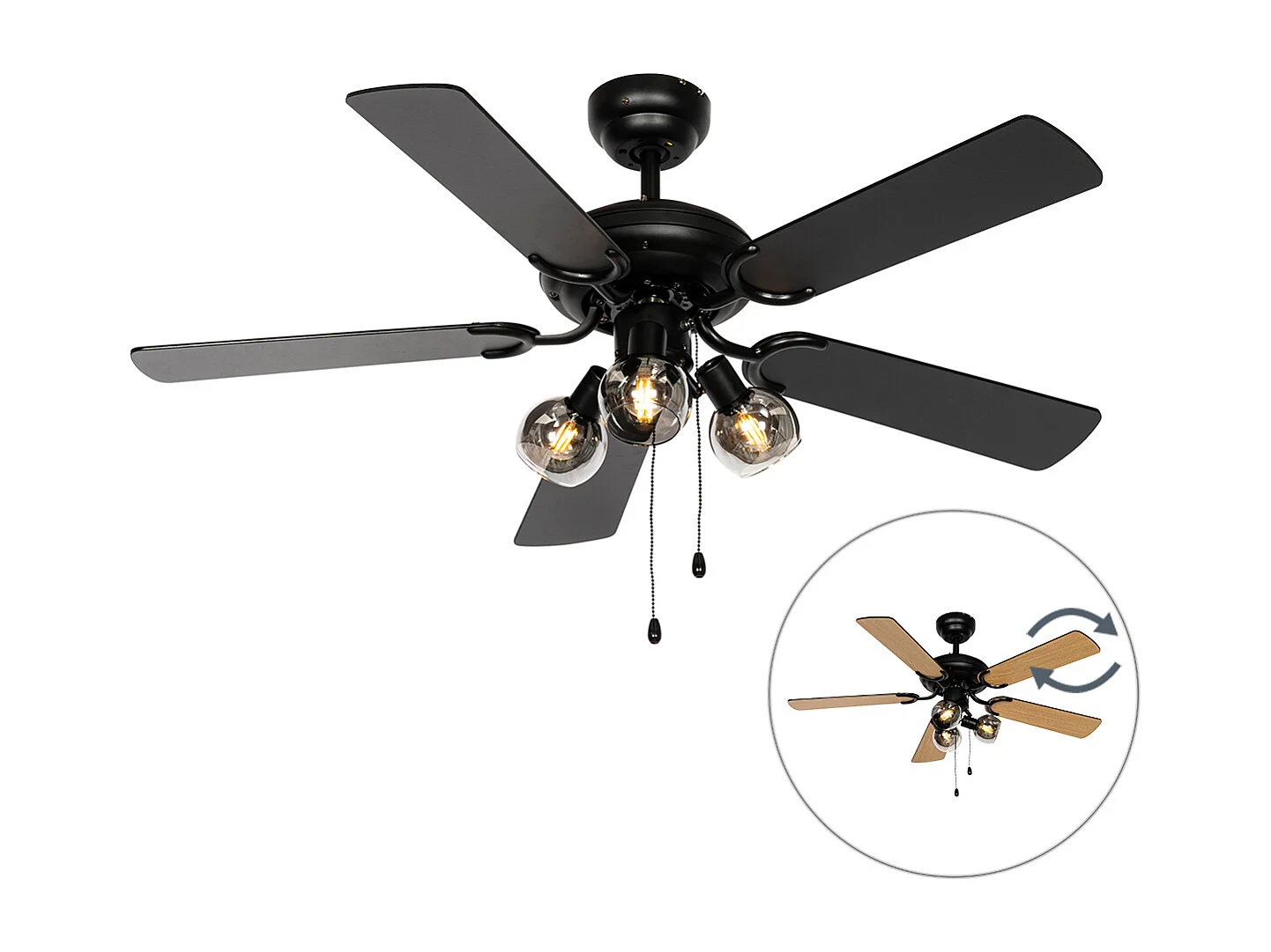 Ventilateur de plafond noir avec interrupteur à tirette 3 lumières - Mistral Vidro