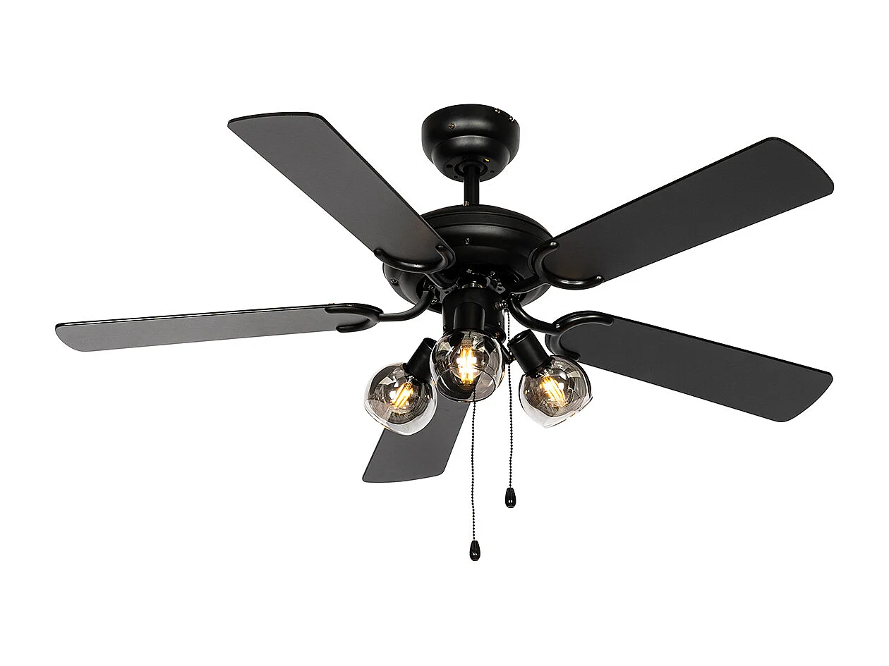 Ventilateur de plafond noir avec interrupteur à tirette 3 lumières - Mistral Vidro