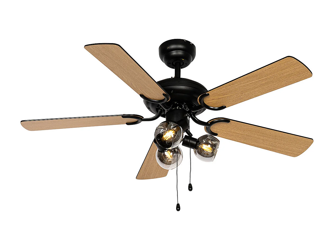 Ventilateur de plafond noir avec interrupteur à tirette 3 lumières - Mistral Vidro
