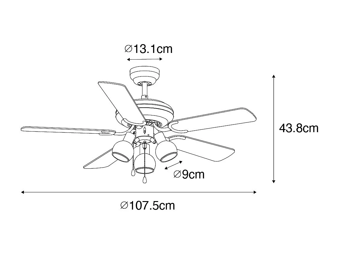 Ventilateur de plafond noir avec interrupteur à tirette 3 lumières - Mistral Vidro
