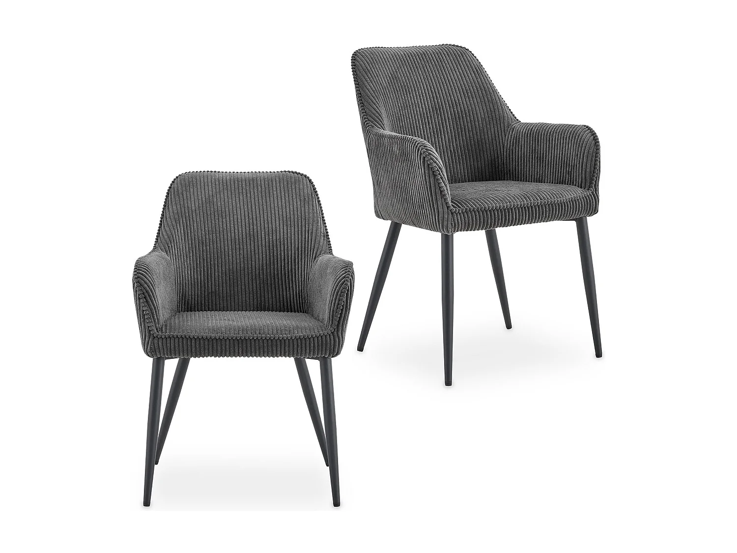 Lot de 2 Chaises de Salle à Manger VERONA en Tissu Gris Avec Accoudoirs, Assise Rembourrée et Dossier Enveloppant au Design Strié