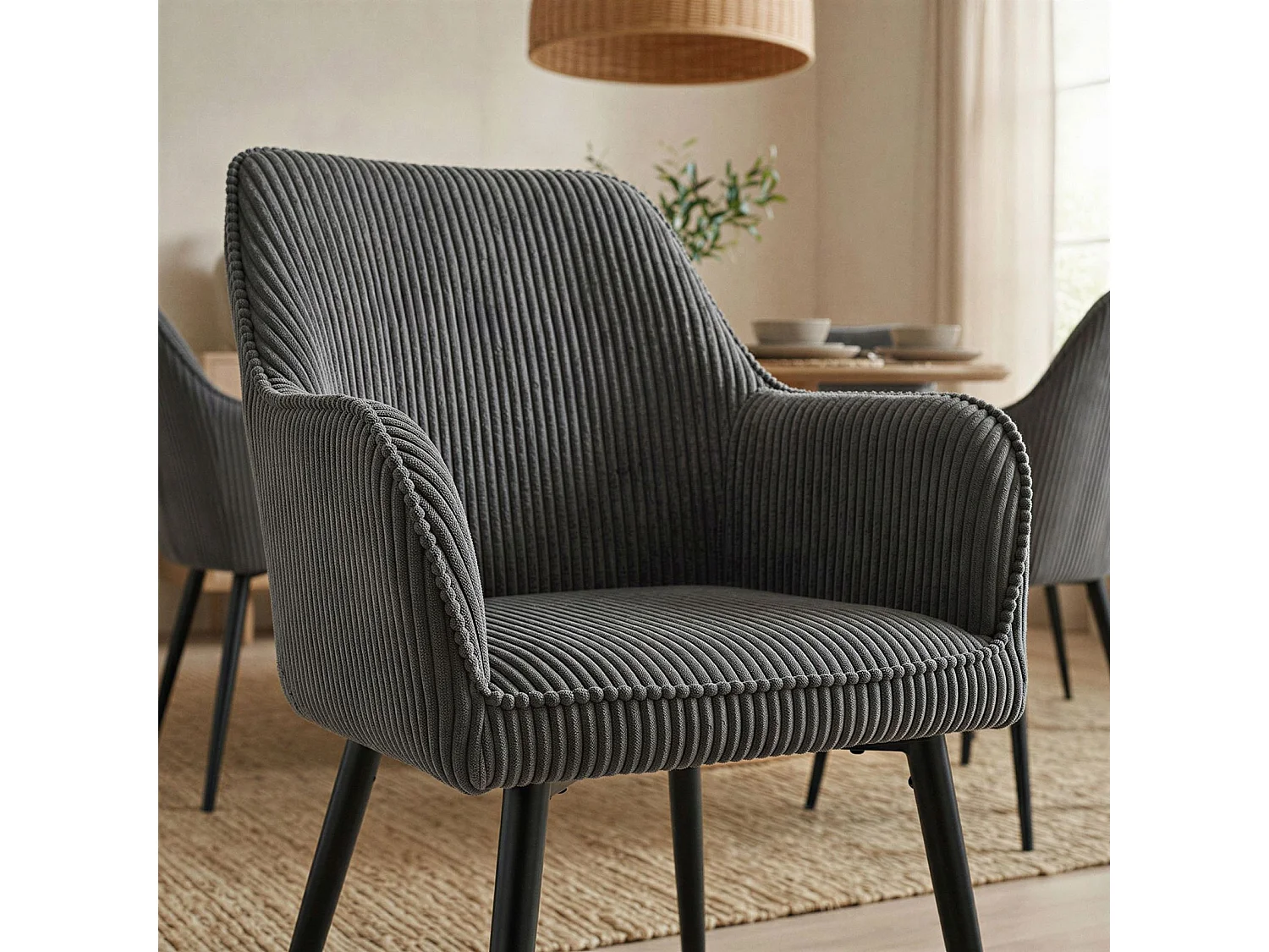 Lot de 2 Chaises de Salle à Manger VERONA en Tissu Gris Avec Accoudoirs, Assise Rembourrée et Dossier Enveloppant au Design Strié