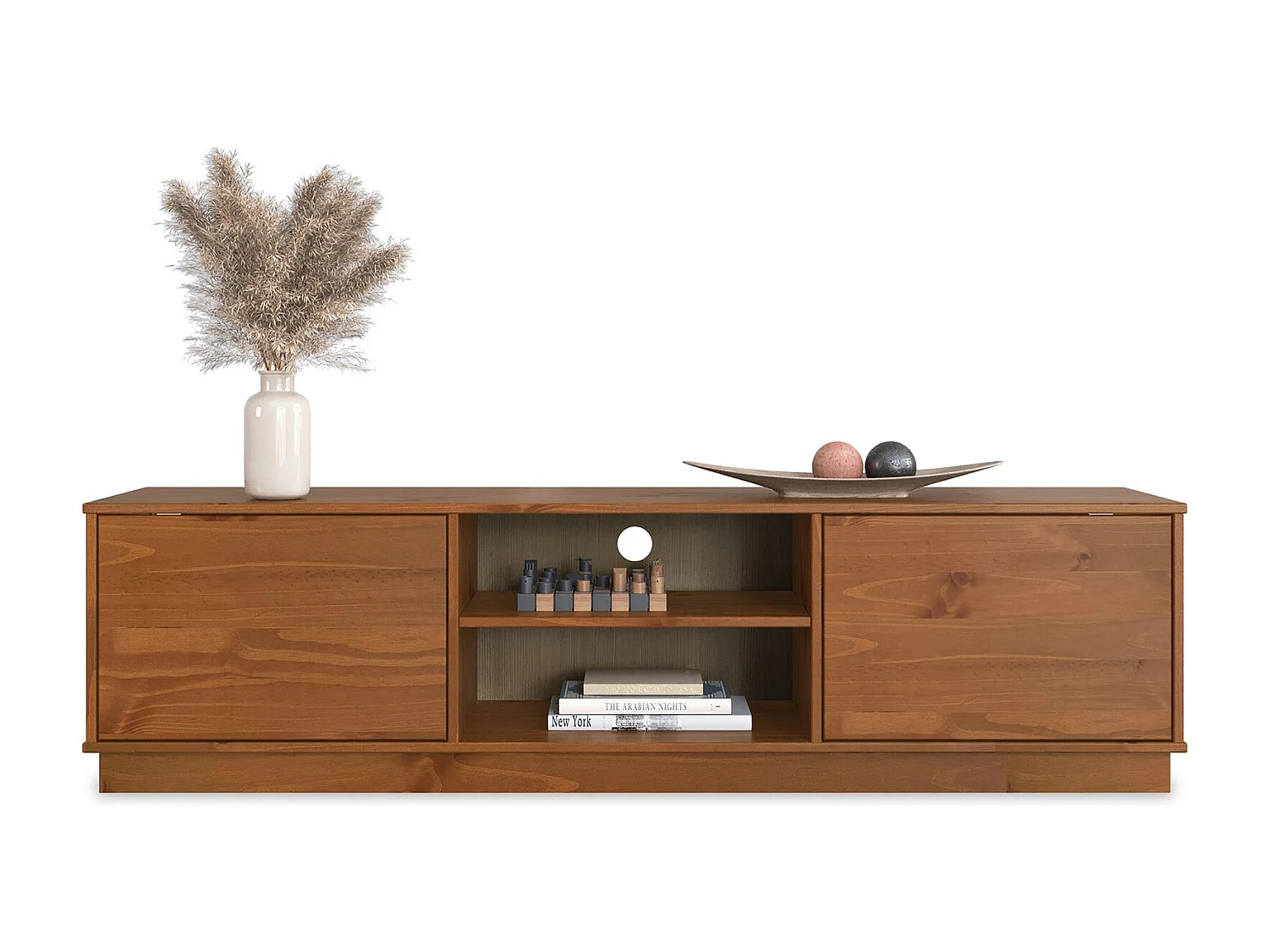 Meuble TV MAITE L 170 cm en Bois Massif Coloris Châtaignier avec 2 Portes et 2 Niches pour Télé jusqu’à 75", Portes Push-to-Open