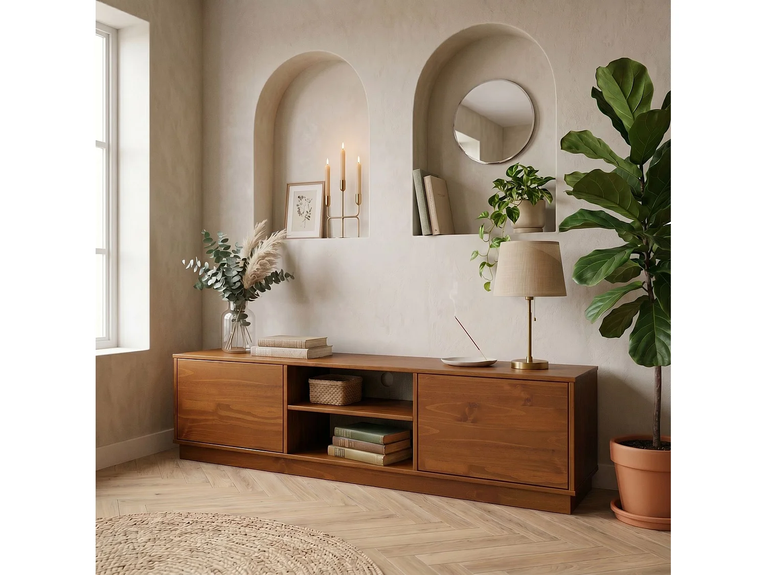 Meuble TV MAITE L 170 cm en Bois Massif Coloris Châtaignier avec 2 Portes et 2 Niches pour Télé jusqu’à 75", Portes Push-to-Open