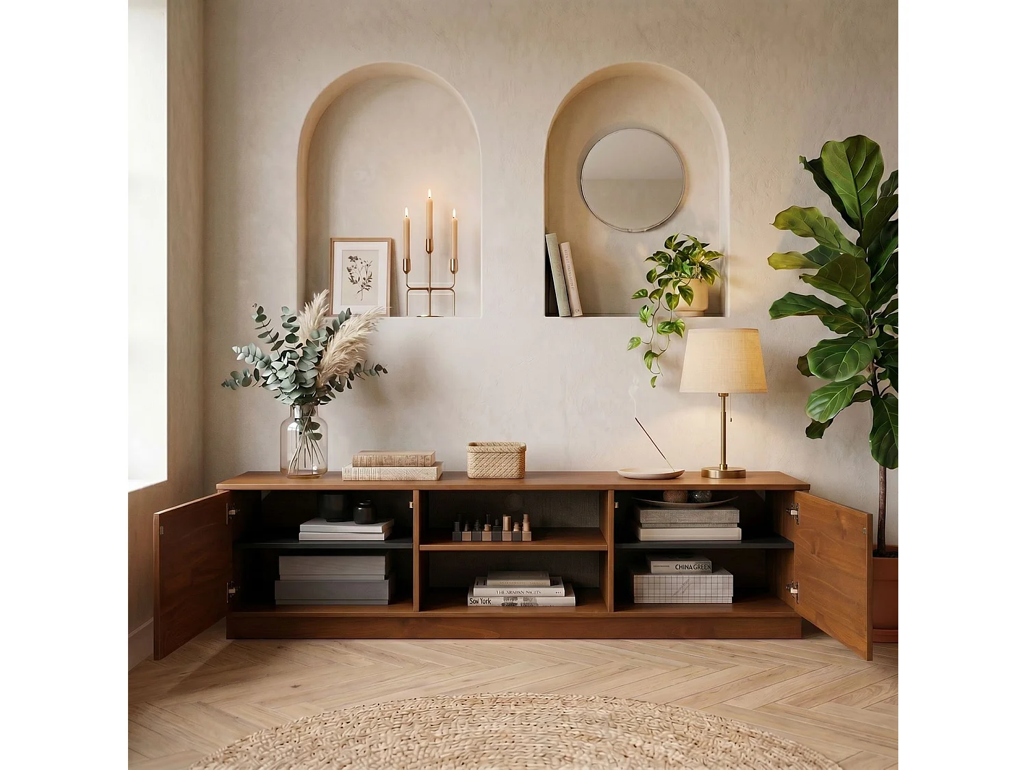 Meuble TV MAITE L 170 cm en Bois Massif Coloris Châtaignier avec 2 Portes et 2 Niches pour Télé jusqu’à 75", Portes Push-to-Open