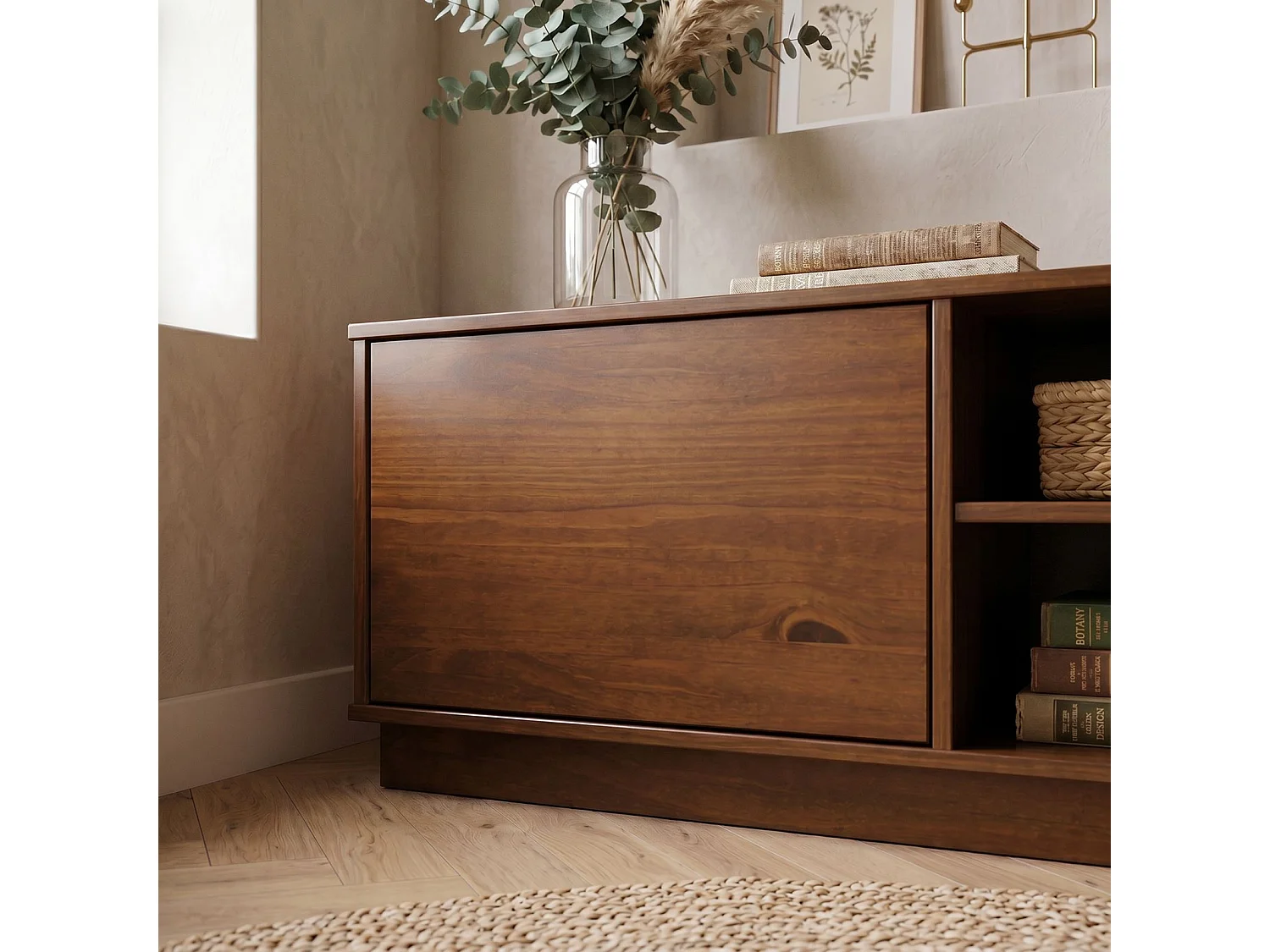 Meuble TV MAITE L 170 cm en Bois Massif Coloris Châtaignier avec 2 Portes et 2 Niches pour Télé jusqu’à 75", Portes Push-to-Open