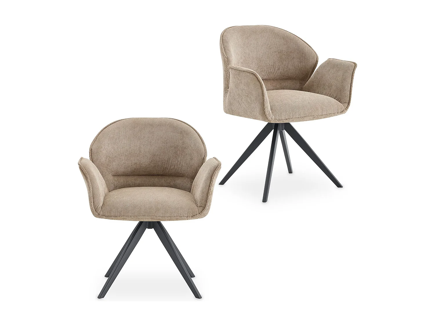 Lot de 2 Chaises de Salle à Manger GIRONA en Tissu Grège Avec Accoudoirs, Assise Rembourrée et Dossier Enveloppant, Pieds en Métal