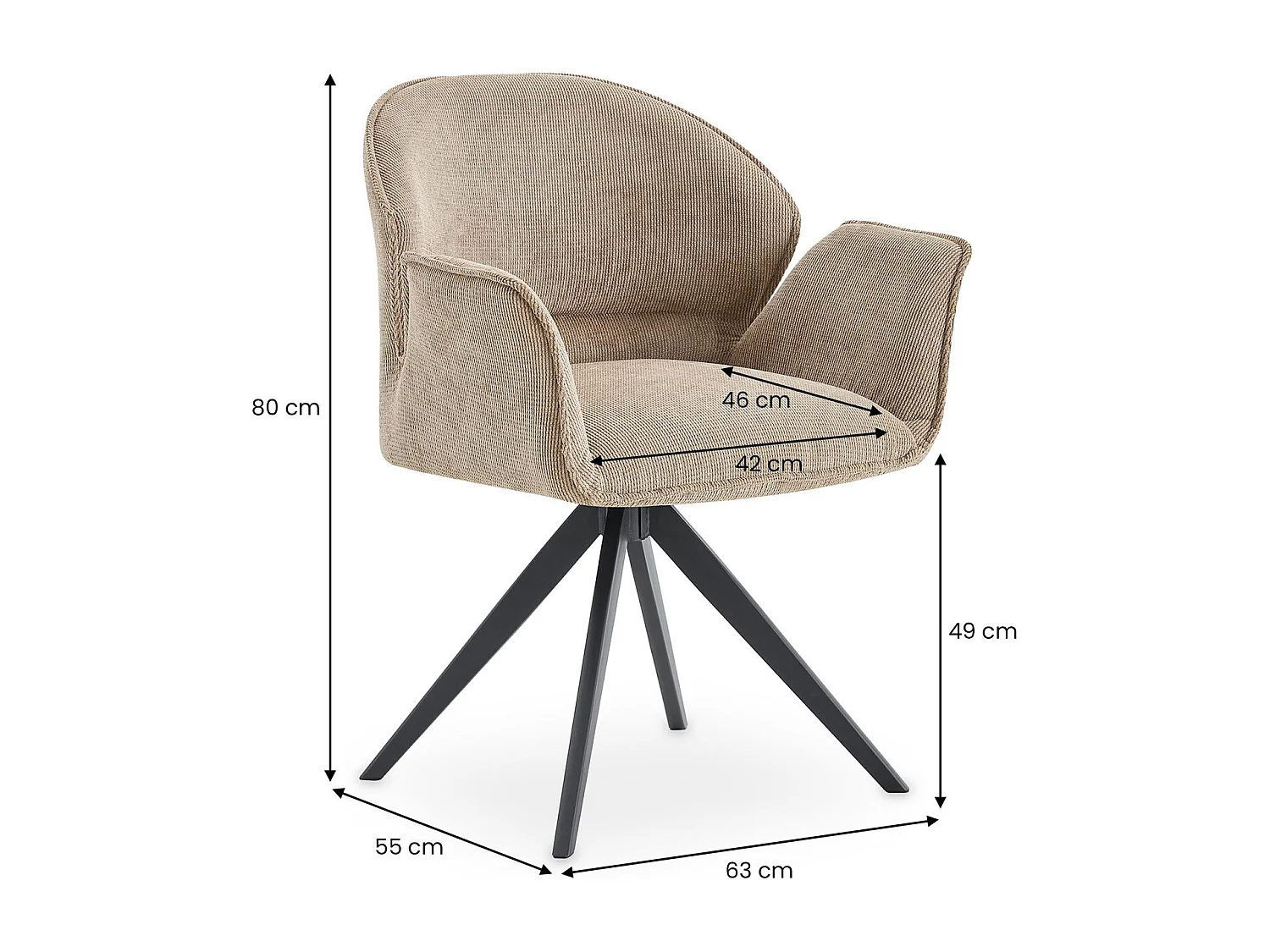 Lot de 2 Chaises de Salle à Manger GIRONA en Tissu Grège Avec Accoudoirs, Assise Rembourrée et Dossier Enveloppant, Pieds en Métal