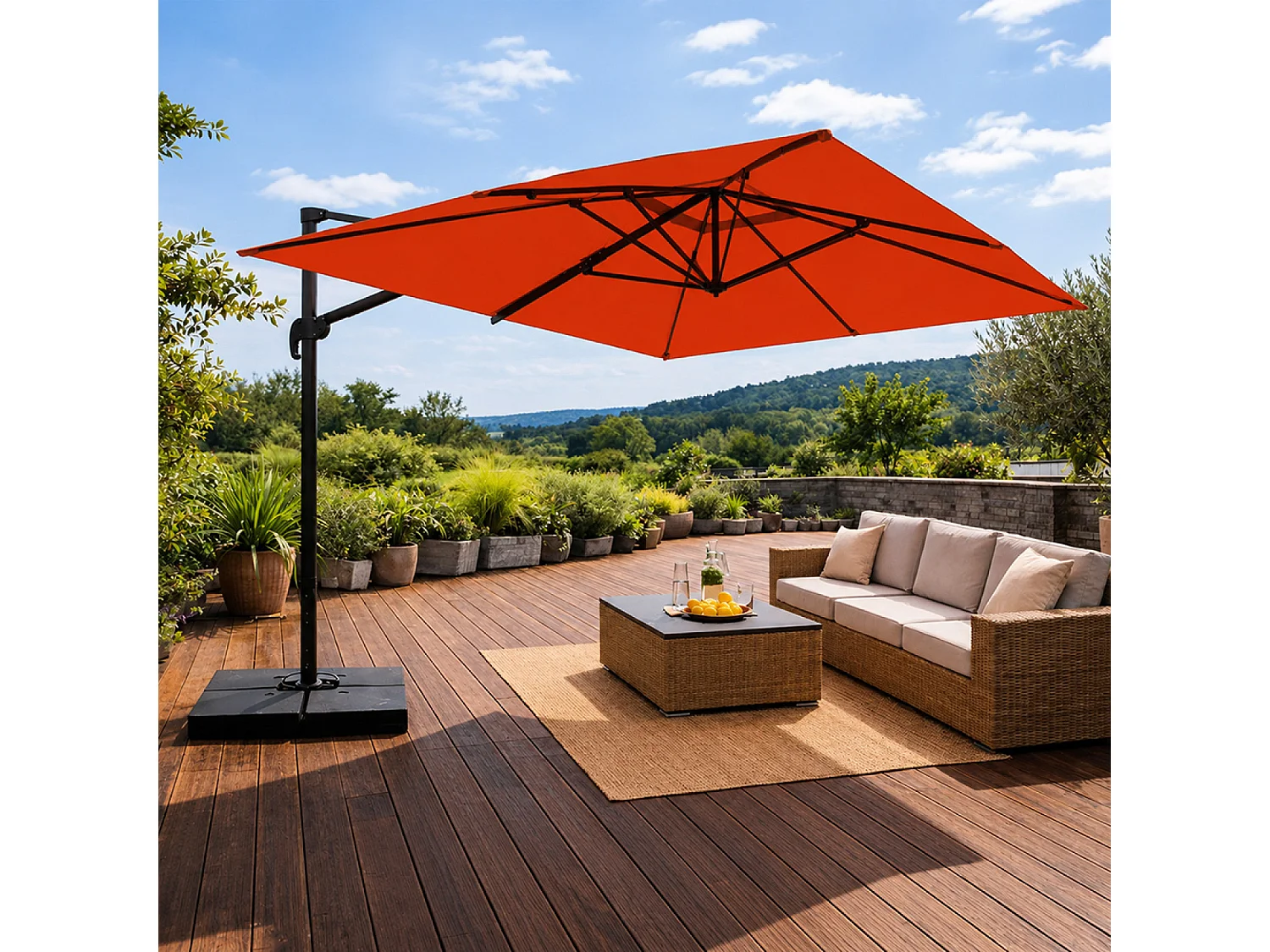 Parasol rectangulaire 3x4 déporté rotatif terracotta en aluminium CEZIR