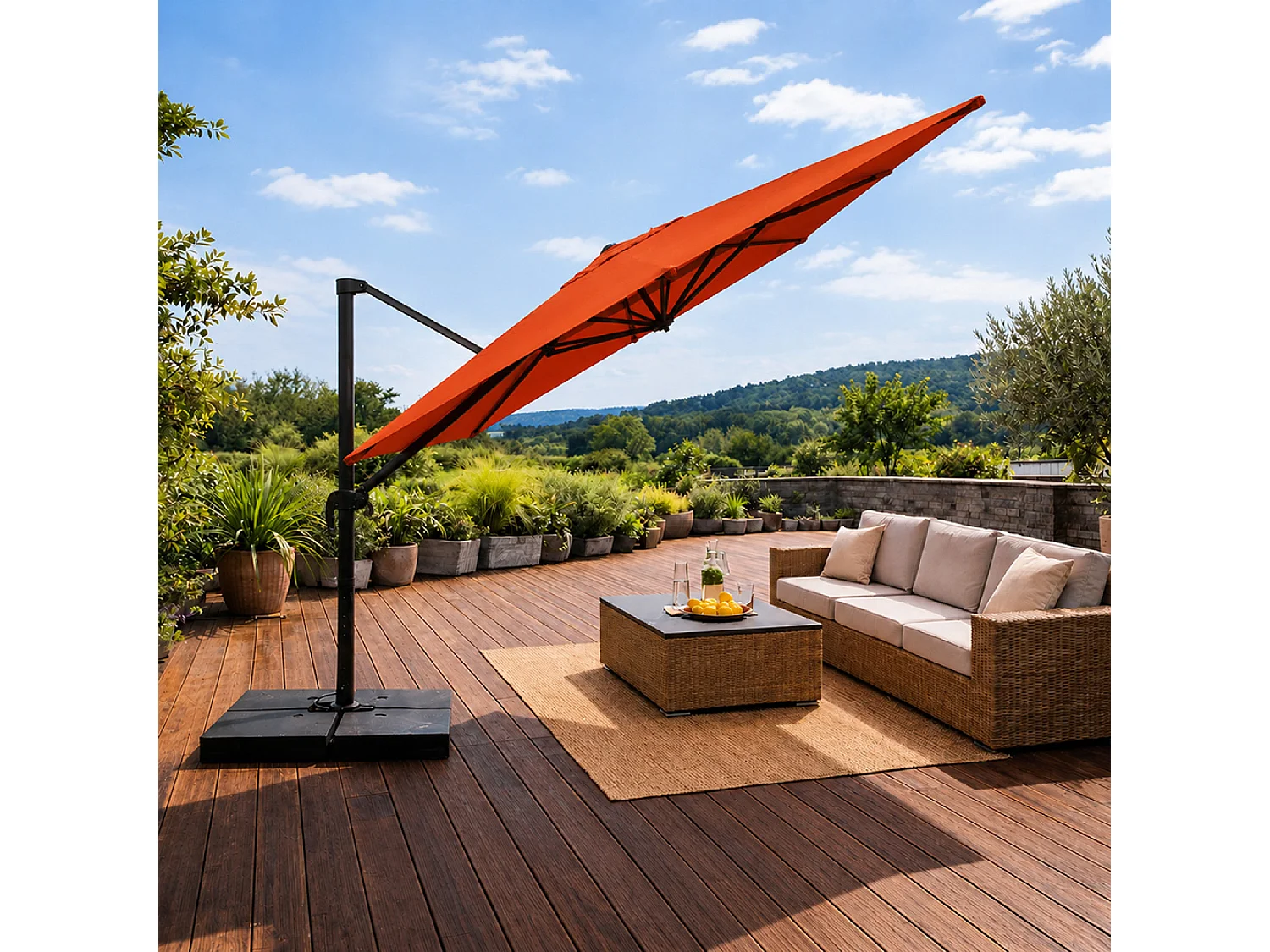 Parasol rectangulaire 3x4 déporté rotatif terracotta en aluminium CEZIR