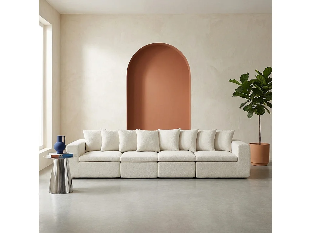 Canapé modulable tissu chenille 5 places blanc - Movi
