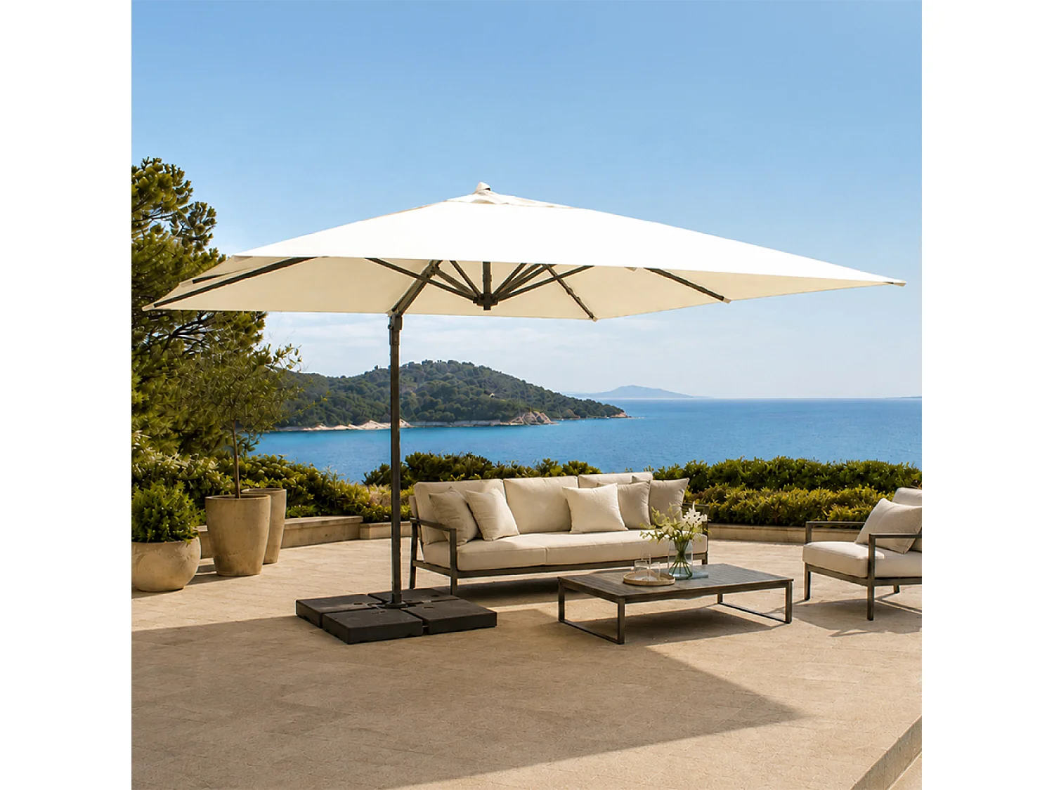 Parasol rectangulaire 4x3m déporté rotatif écru en aluminium CEZIR