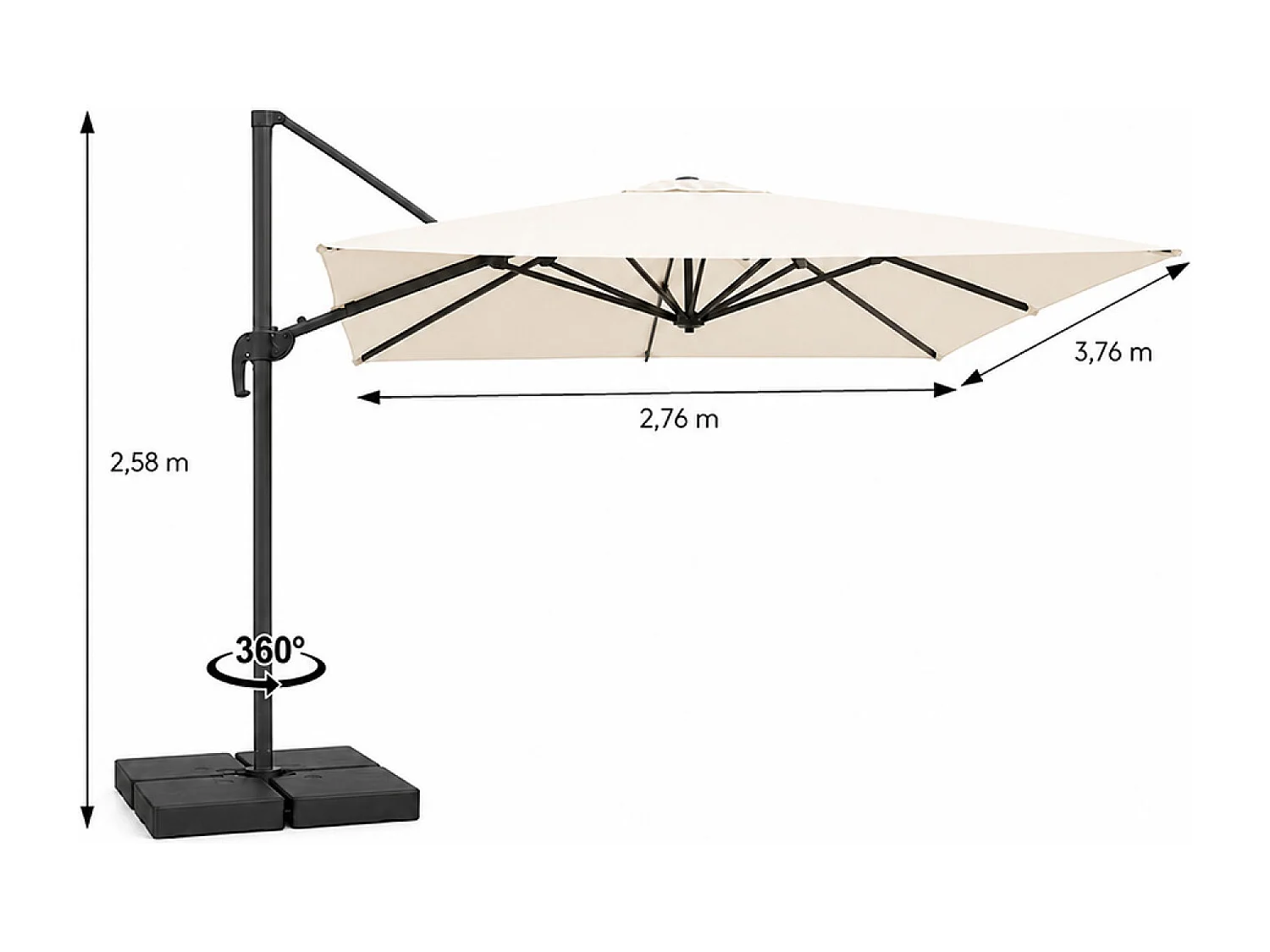 Parasol rectangulaire 4x3m déporté rotatif écru en aluminium CEZIR