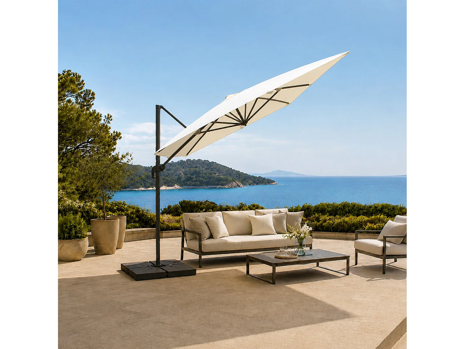 Parasol rectangulaire 4x3m déporté rotatif écru en aluminium CEZIR