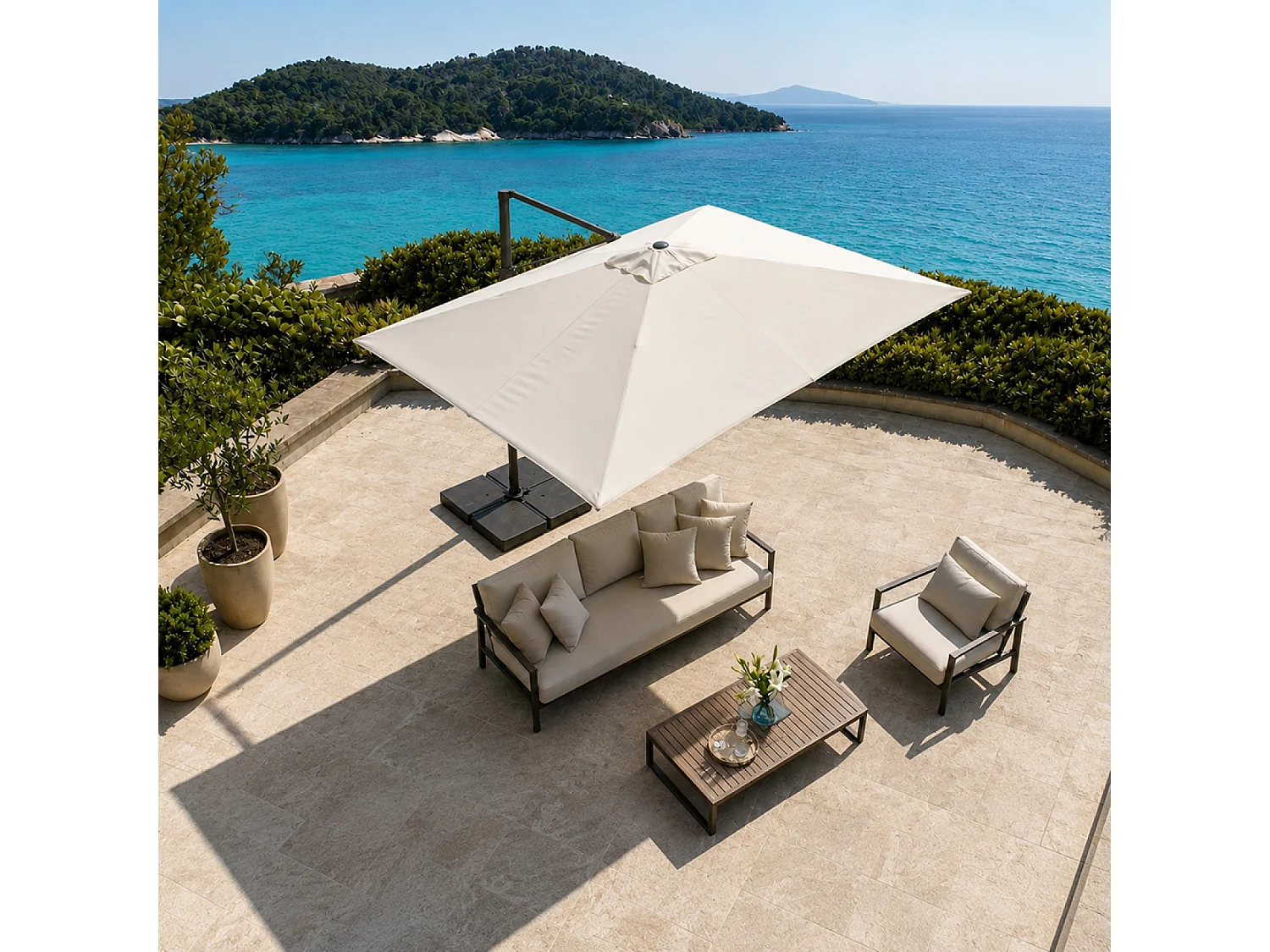 Parasol rectangulaire 4x3m déporté rotatif écru en aluminium CEZIR