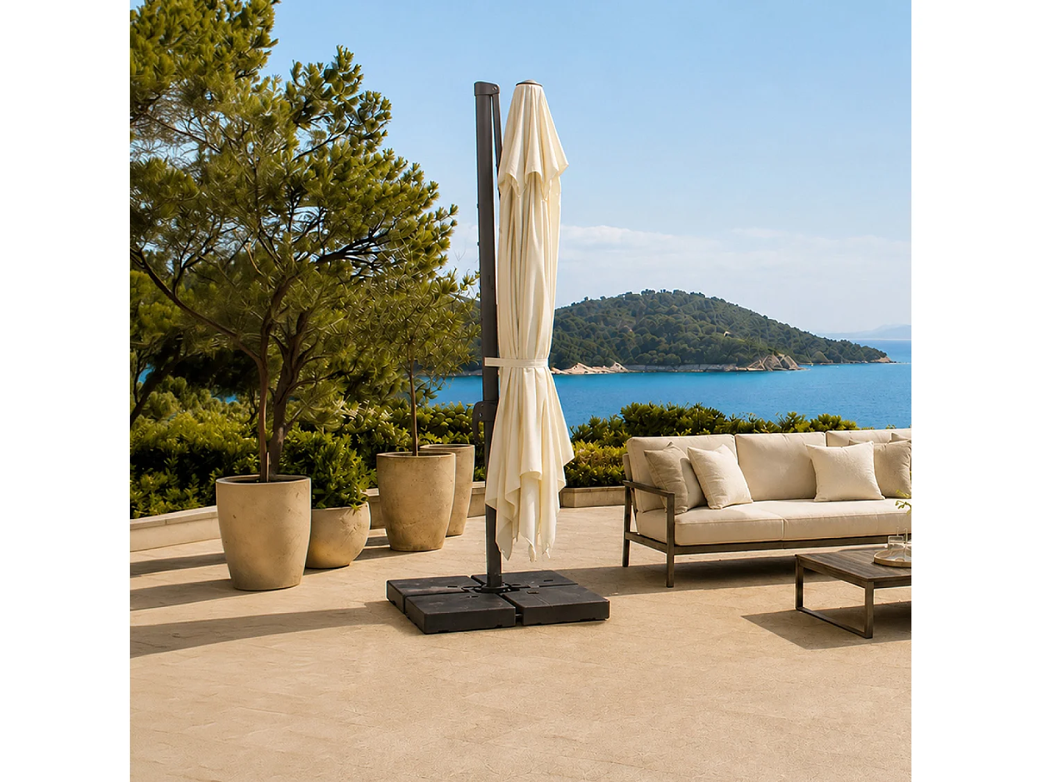 Parasol rectangulaire 4x3m déporté rotatif écru en aluminium CEZIR