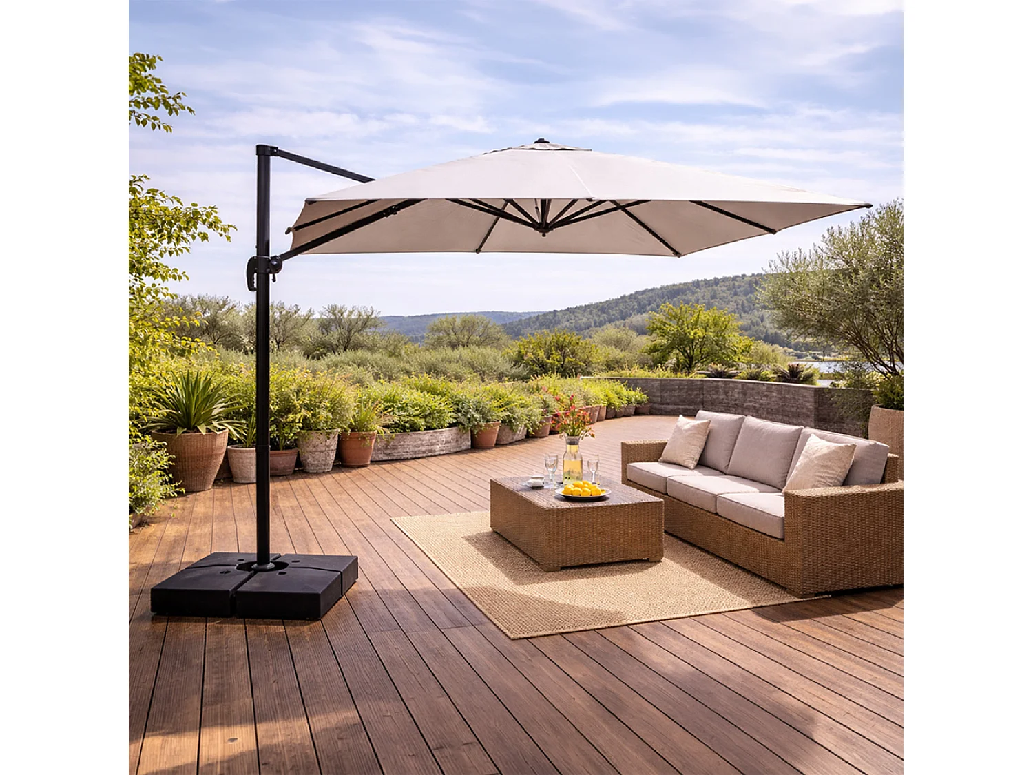 Parasol rectangulaire 3x4 déporté rotatif gris en aluminium CEZIR