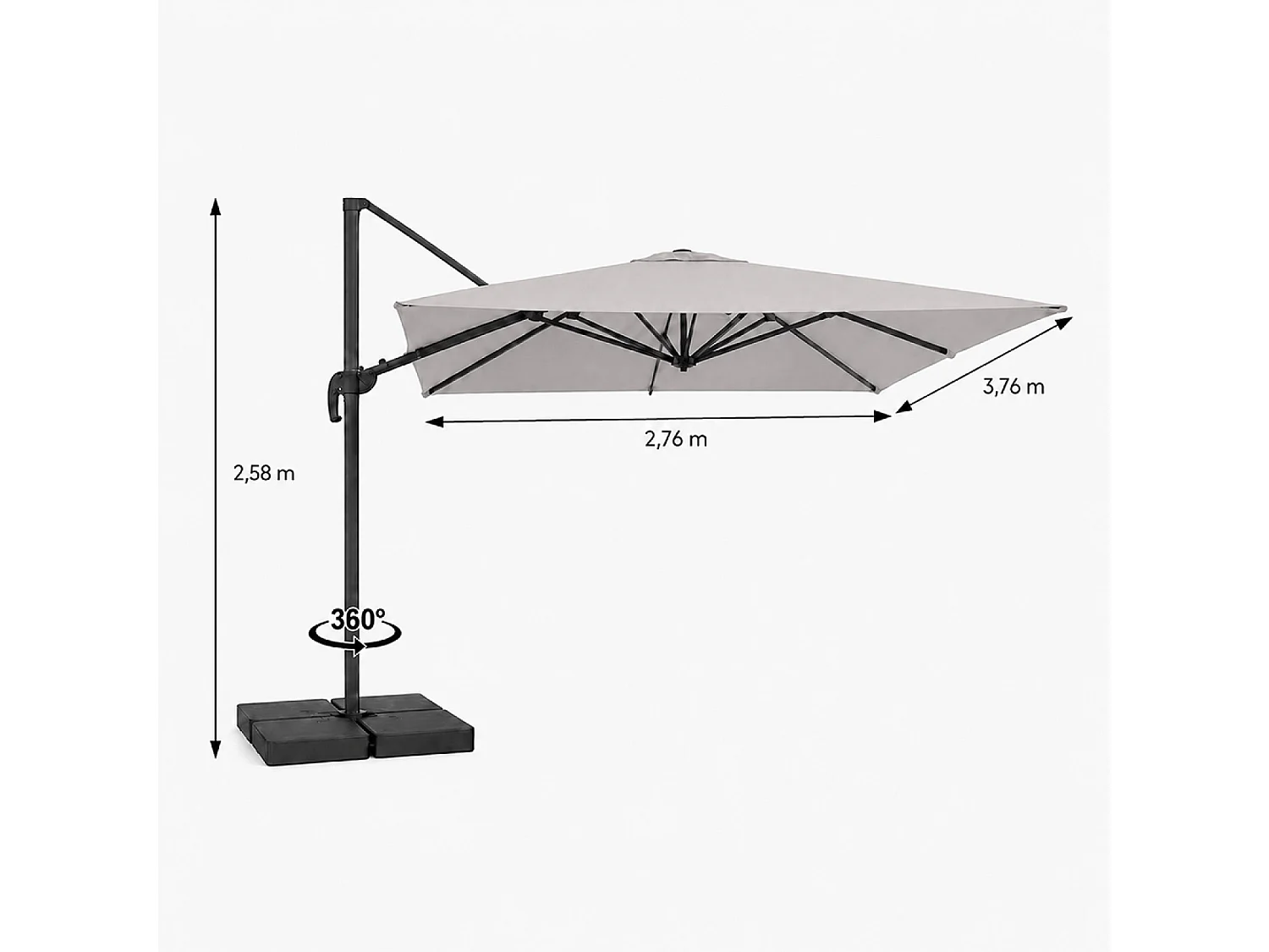 Parasol rectangulaire 3x4 déporté rotatif gris en aluminium CEZIR