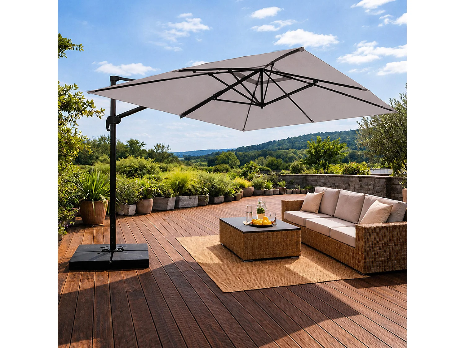 Parasol rectangulaire 3x4 déporté rotatif gris en aluminium CEZIR