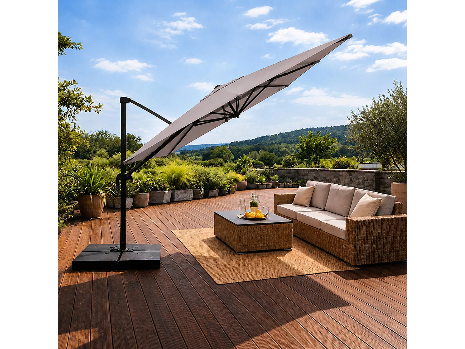 Parasol rectangulaire 3x4 déporté rotatif gris en aluminium CEZIR