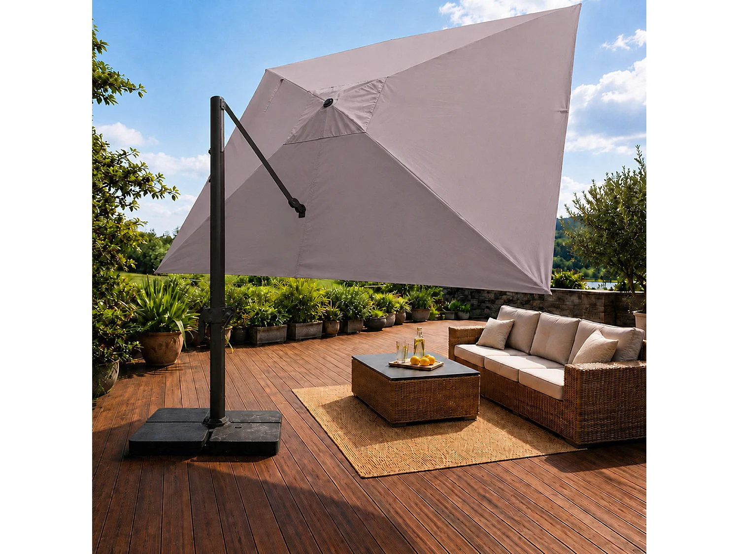 Parasol rectangulaire 3x4 déporté rotatif gris en aluminium CEZIR