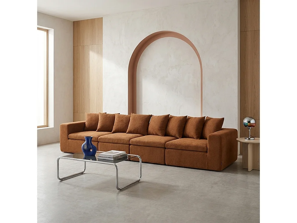 Canapé modulable tissu chenille 5 places terracotta - Movi