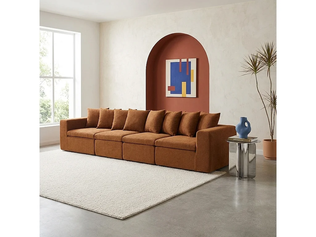 Canapé modulable tissu chenille 5 places terracotta - Movi