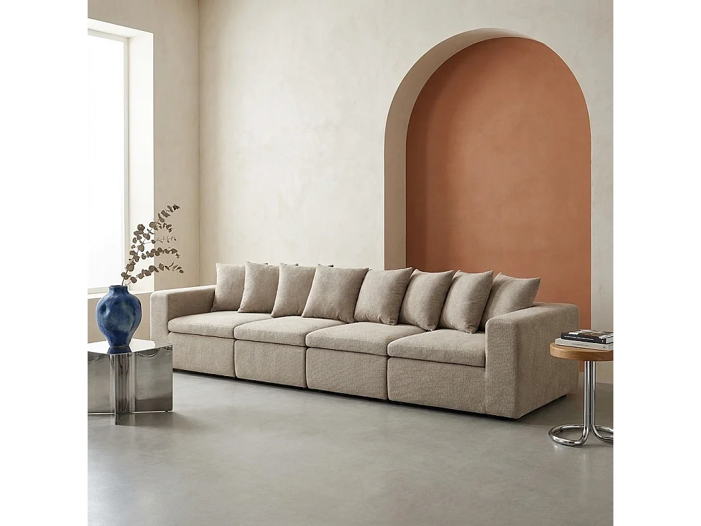 Canapé modulable tissu chenille 5 places beige foncé - Movi