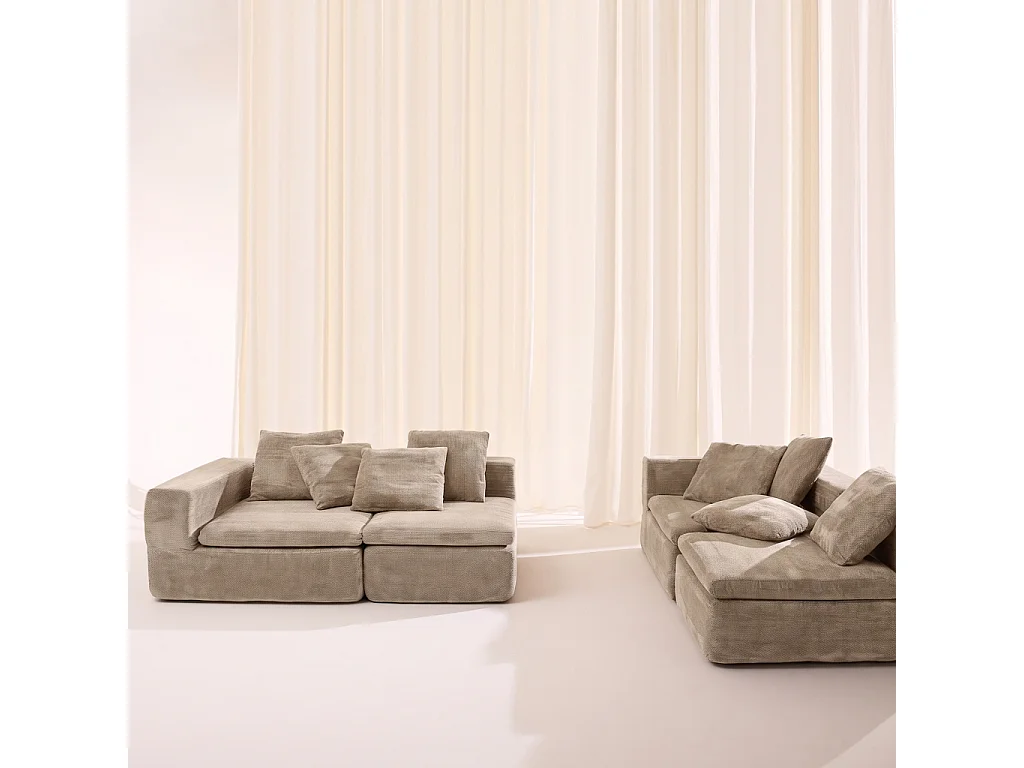 Divano modulare sottovuoto e compresso in tessuto ciniglia, 5 posti, Movi, Beige scuro, 362x110x62