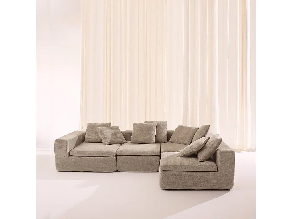 Divano modulare sottovuoto e compresso in tessuto ciniglia, 5 posti, Movi, Beige scuro, 362x110x62