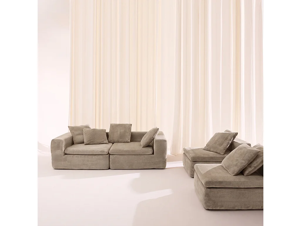 Divano modulare sottovuoto e compresso in tessuto ciniglia, 5 posti, Movi, Beige scuro, 362x110x62