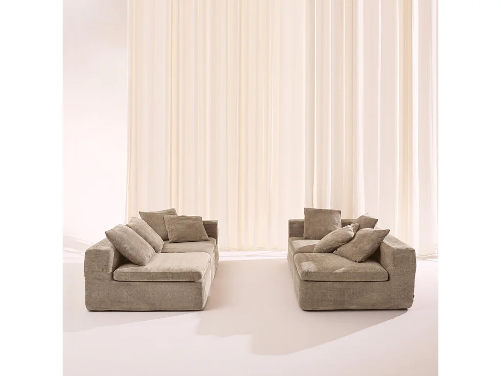 Divano modulare sottovuoto e compresso in tessuto ciniglia, 5 posti, Movi, Beige scuro, 362x110x62